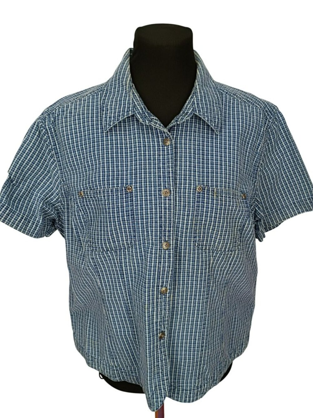 Faded Glory Womens Blue Plaid Short-Sleeve Button-Up Shirt X-Large 100% Cotton C